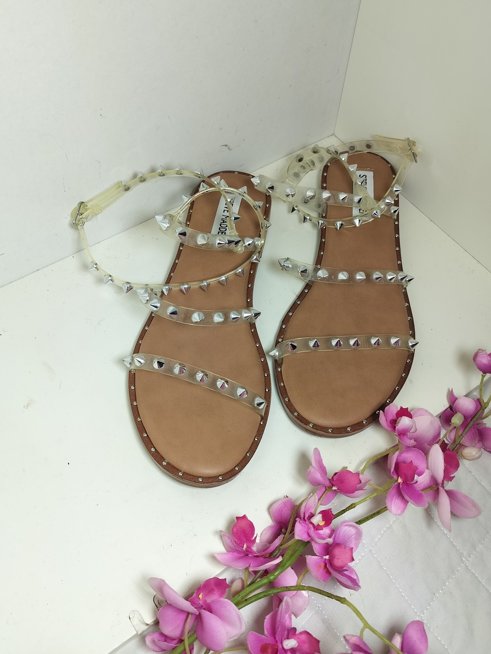 Steve Madden Clear Studded Strap Sandals - Tan